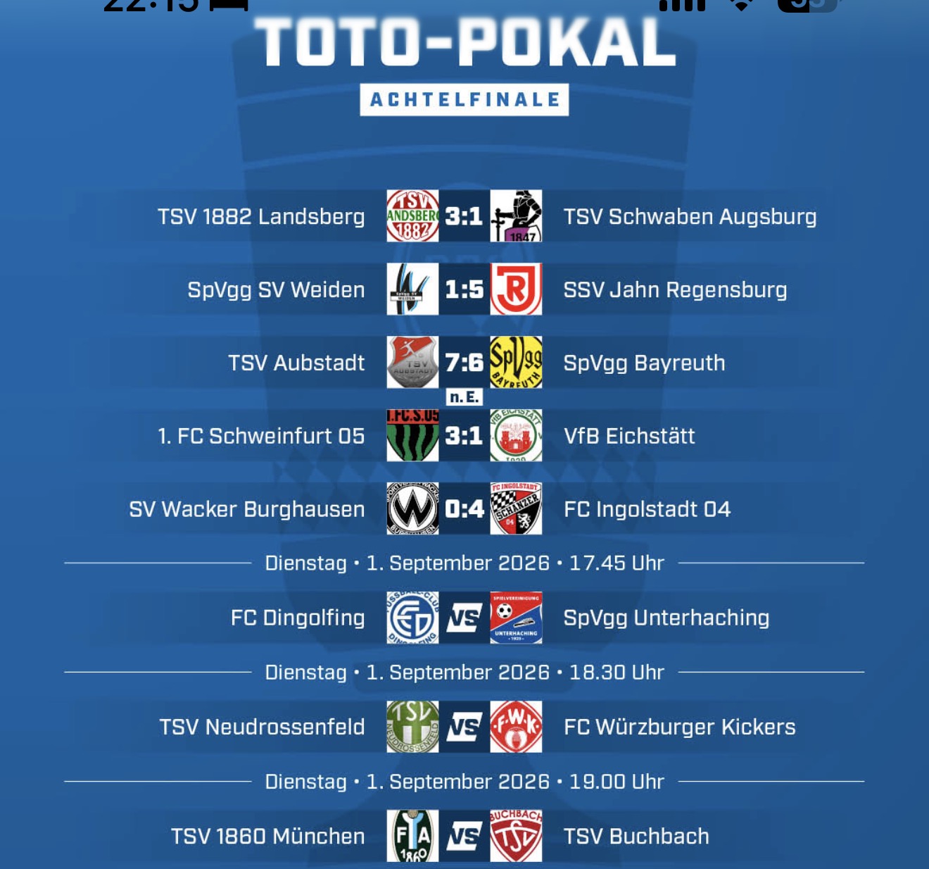 Die Ergebnisse des Toto-Pokal-Achtelfinales und die noch ausstehenden Partien.